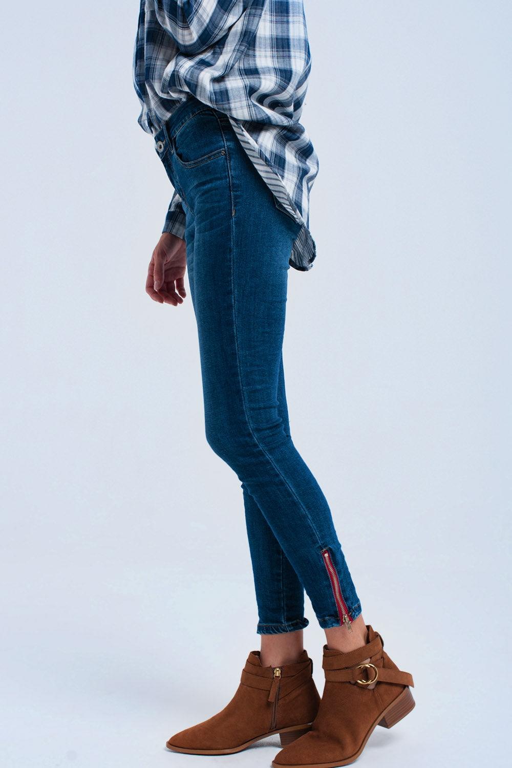 Women's Skinny Denim Blue Jeans With Edgy Zipper Detail - Lovez Aqua© -
