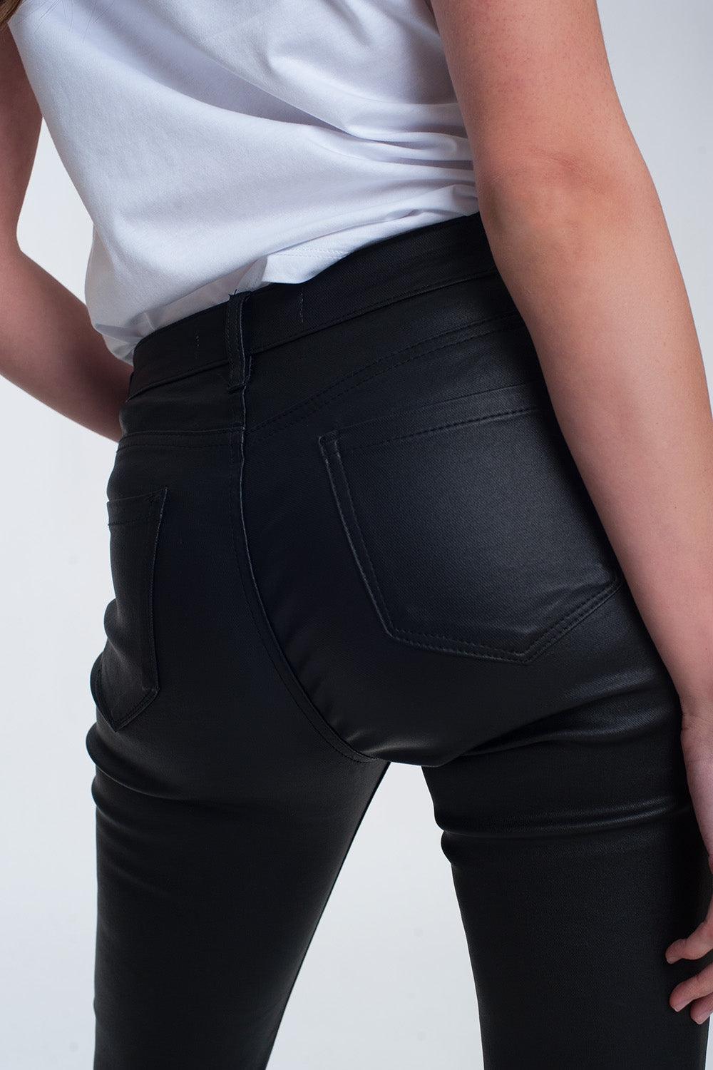 Women's Sleek Black Coated Skinny Pants With Pockets & Zip - Lovez Aqua© -