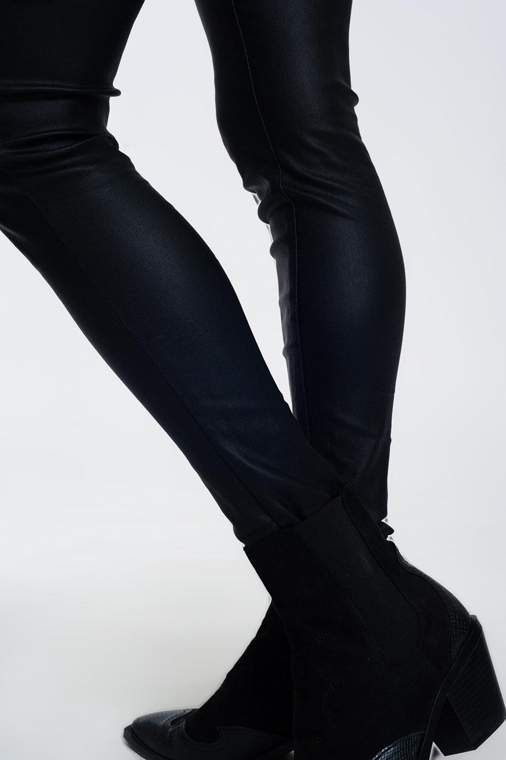 Women's Sleek Black Coated Skinny Pants With Pockets & Zip - Lovez Aqua© -