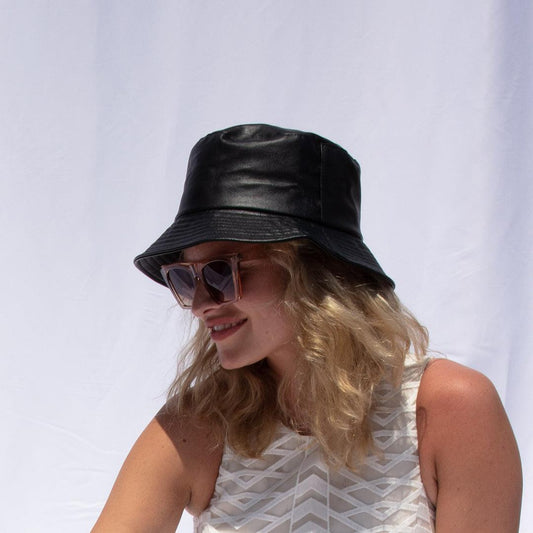 Women’s Sleek Black Faux Leather Bucket Hat - Lovez Aqua© -