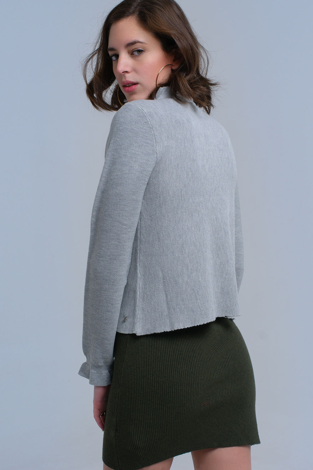 Women's Sleek Gray Sweater With Ruffled Sleeves - Lovez Aqua© -