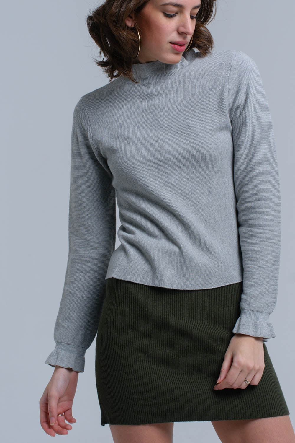 Women's Sleek Gray Sweater With Ruffled Sleeves - Lovez Aqua© -