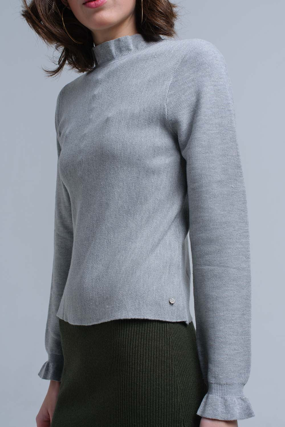 Women's Sleek Gray Sweater With Ruffled Sleeves - Lovez Aqua© -