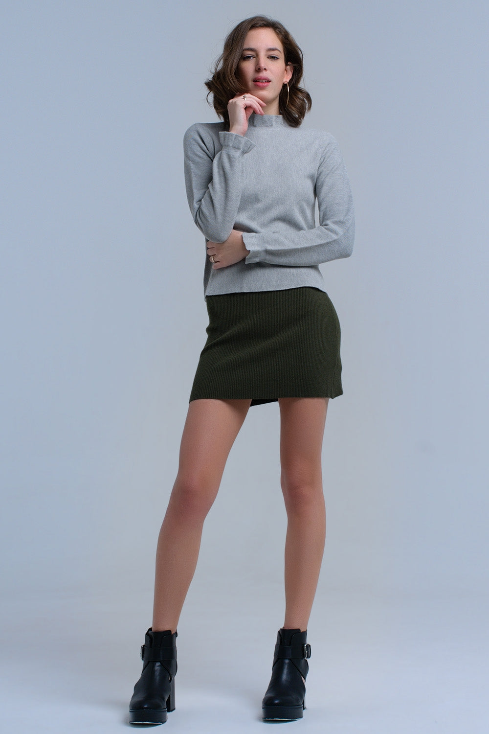 Women's Sleek Gray Sweater With Ruffled Sleeves - Lovez Aqua© -