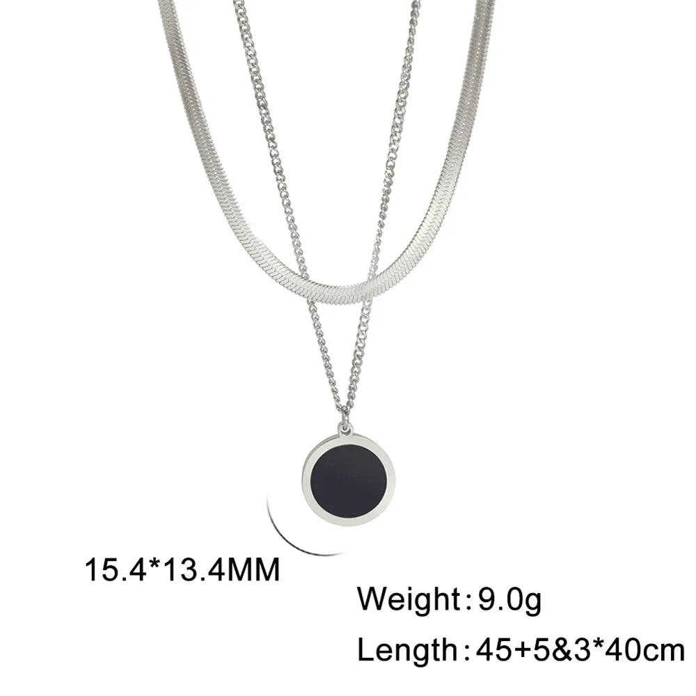 Women's Stainless Steel Minimalist Black Round Double Layer Choker Necklace - Lovez Aqua© - Double Layer Silver 1