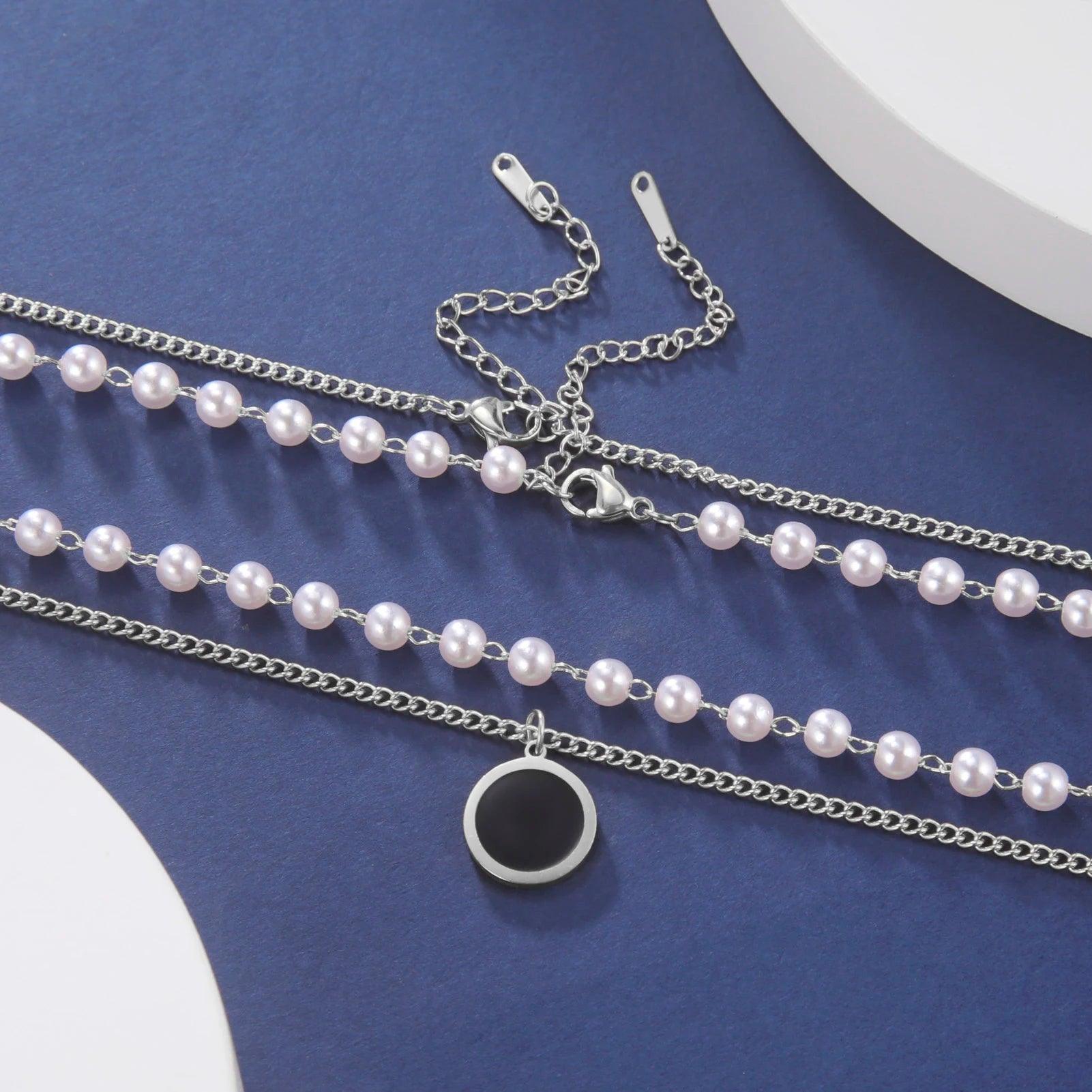 Women's Stainless Steel Minimalist Black Round Double Layer Choker Necklace - Lovez Aqua© -