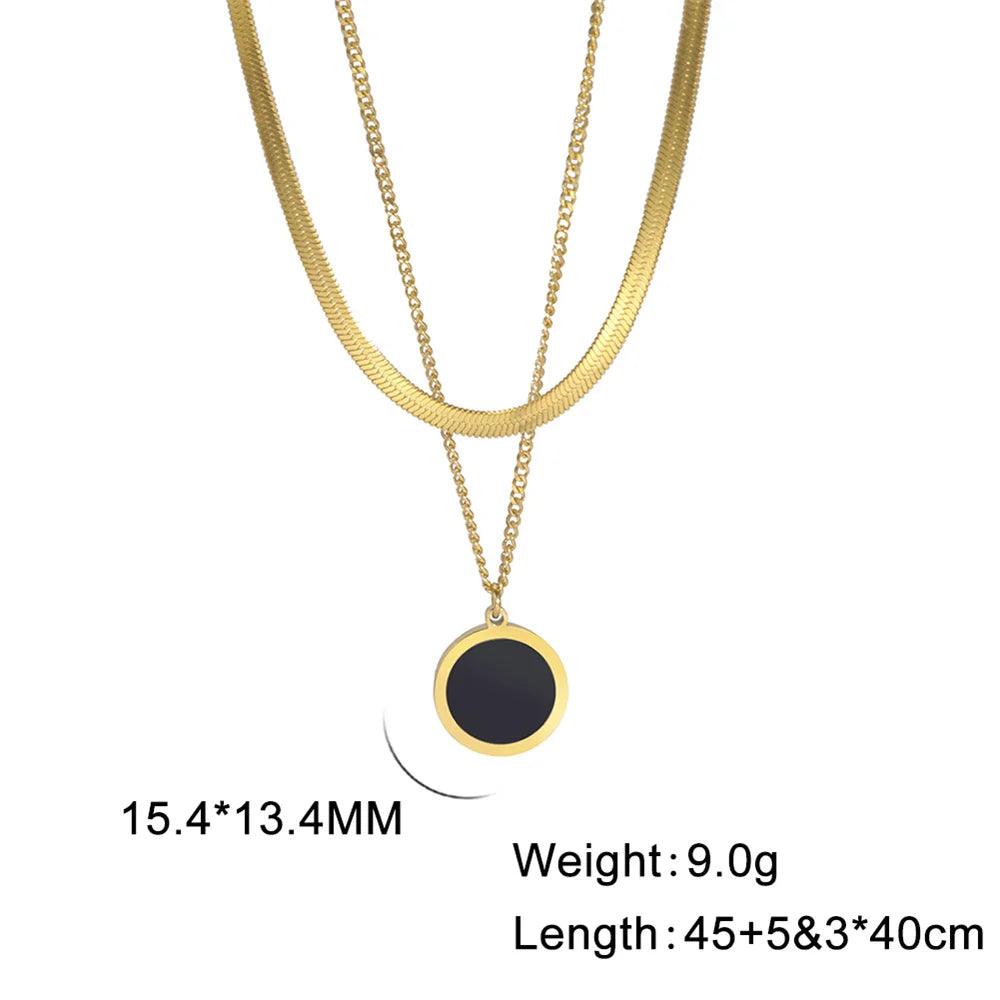 Women's Stainless Steel Minimalist Black Round Double Layer Choker Necklace - Lovez Aqua© - Double Layer Gold 1