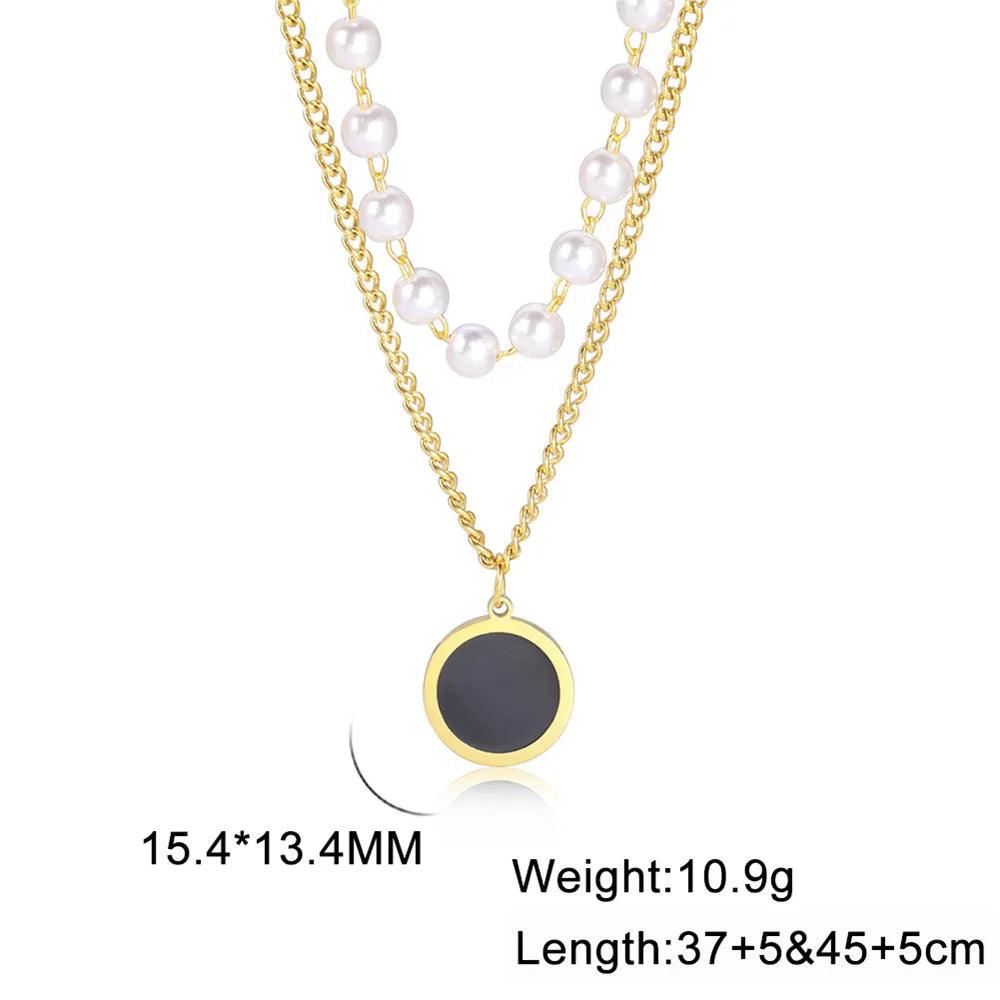 Women's Stainless Steel Minimalist Black Round Double Layer Choker Necklace - Lovez Aqua© - 2pcs Chains Gold