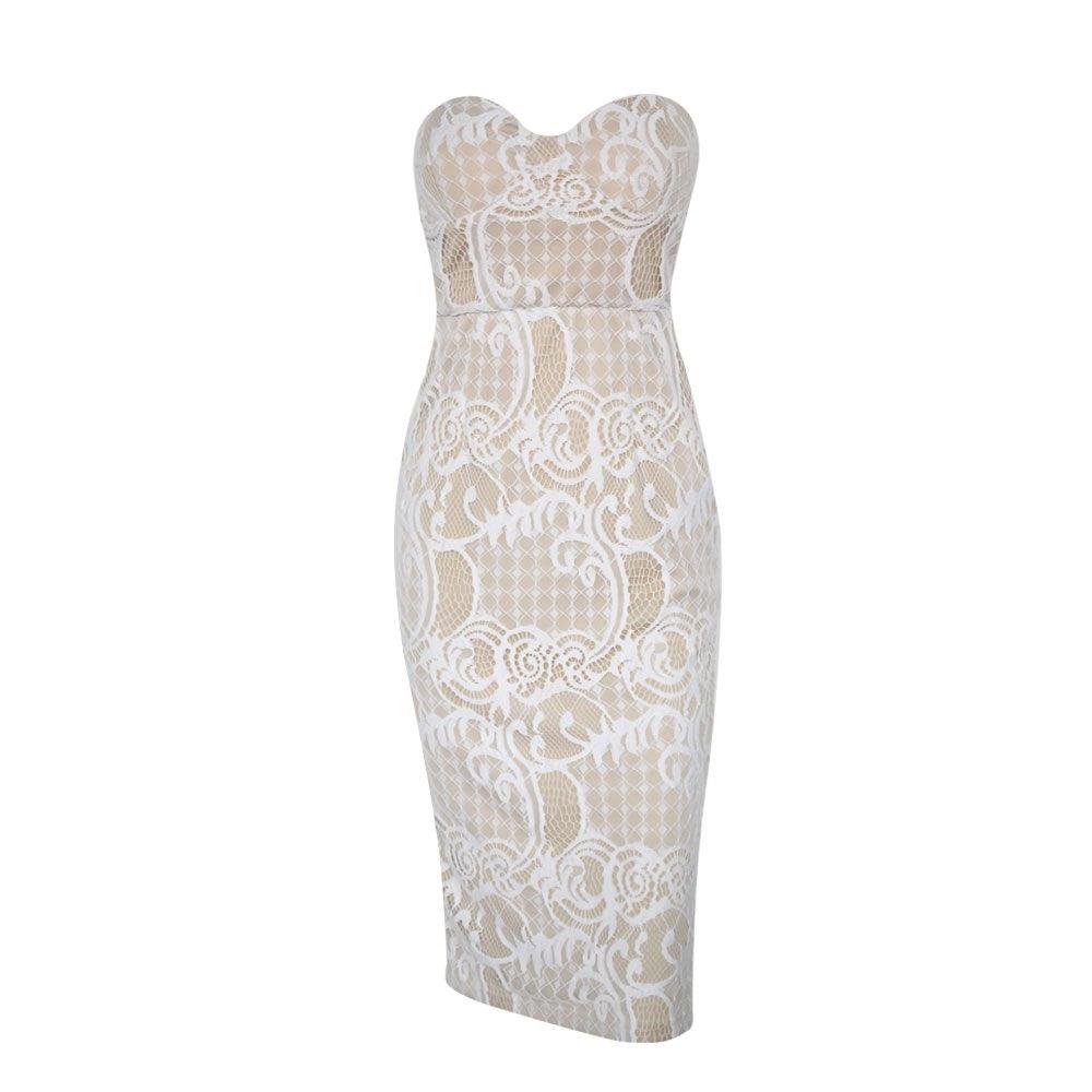 Women's Strapless Beige Knee-Length Cocktail Dress With White Lace Overlay - Lovez Aqua© -