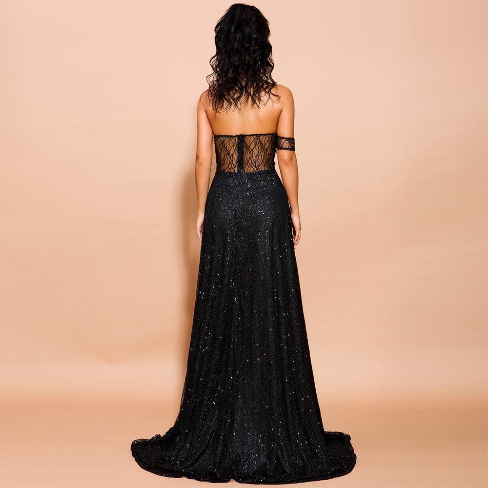 Women's Strapless Black Sequined Evening Gown With Side Slit & Lace Details - Lovez Aqua© -