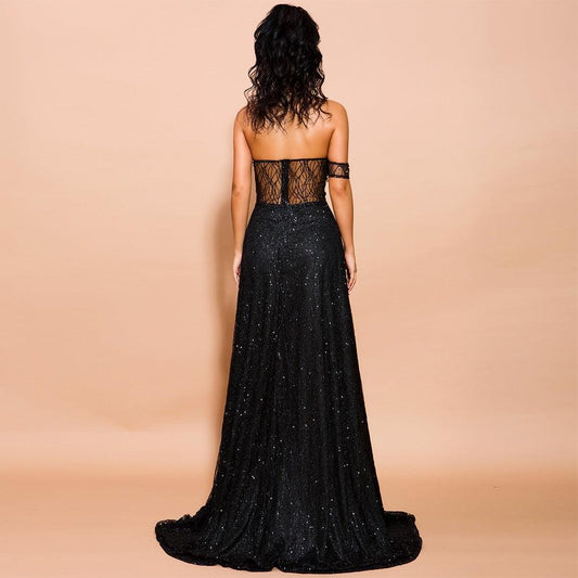 Women's Strapless Black Sequined Evening Gown With Side Slit & Lace Details - Lovez Aqua© -