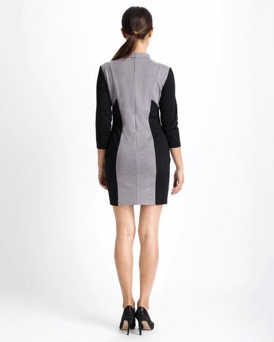 Women's Stylish Gray & Black Geometrical Mini Dress With Three Quarter Sleeves - Lovez Aqua© -
