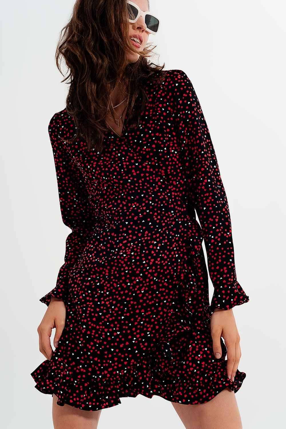 Women's V-Neck Mid Length Heart Print Wrap Dress