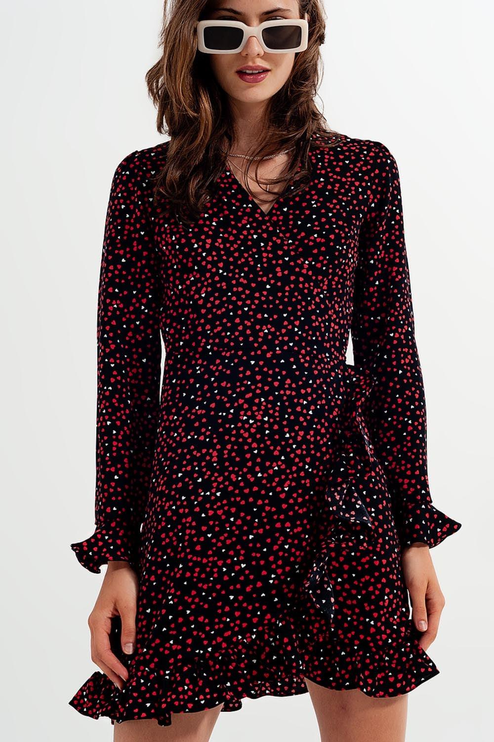 Women's V-Neck Mid Length Heart Print Wrap Dress - Lovez Aqua© -