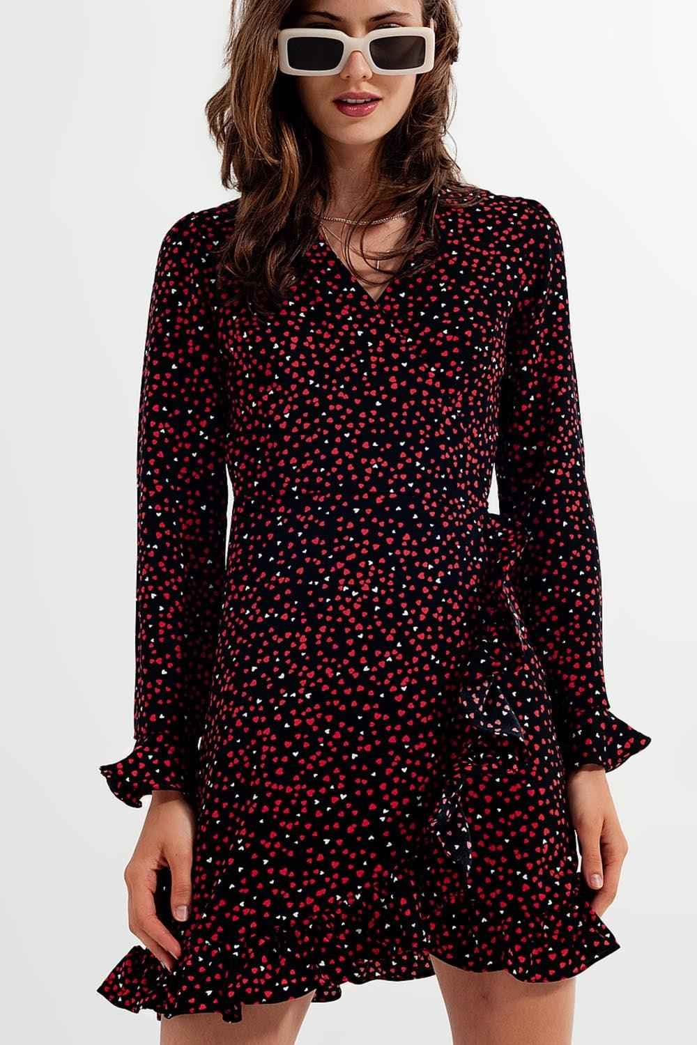 Women's V-Neck Mid Length Heart Print Wrap Dress