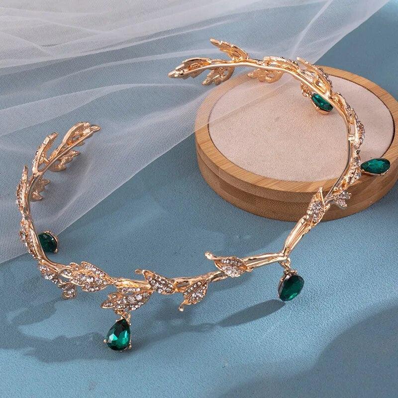 Women's Vintage Elvish Fairy Crystal Leaf Tiara with Gemstone Accents - Lovez Aqua© - Gold Green