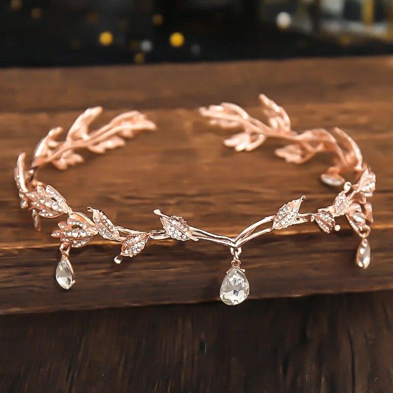Women's Vintage Elvish Fairy Crystal Leaf Tiara with Gemstone Accents - Lovez Aqua© - Rose Gold