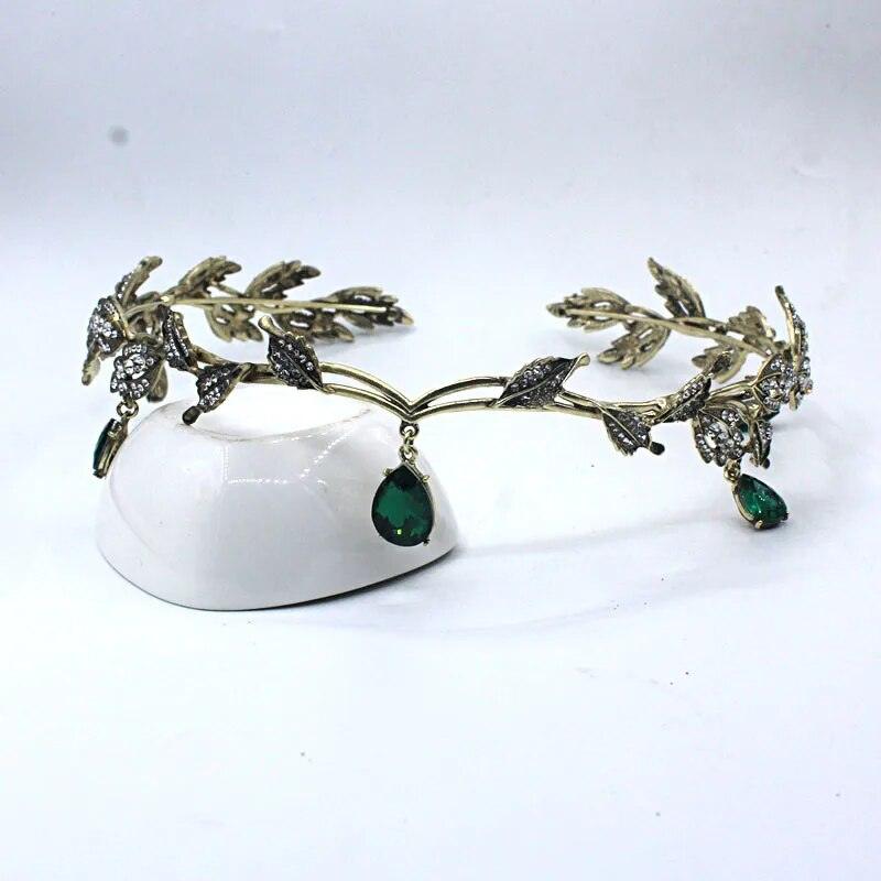 Women's Vintage Elvish Fairy Crystal Leaf Tiara with Gemstone Accents - Lovez Aqua© - Antique Bronze Green