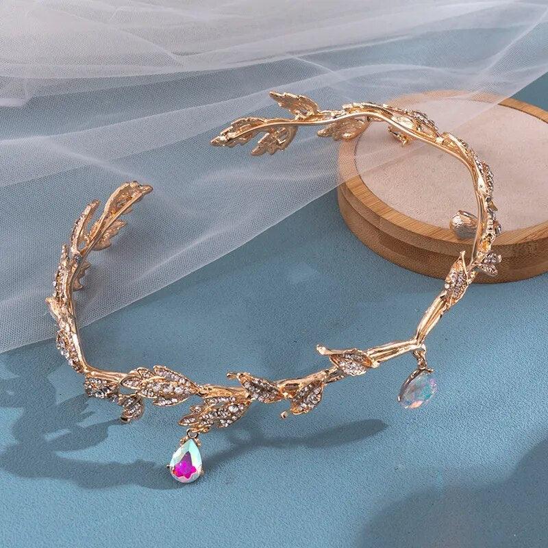 Women's Vintage Elvish Fairy Crystal Leaf Tiara with Gemstone Accents - Lovez Aqua© - Gold AB Color