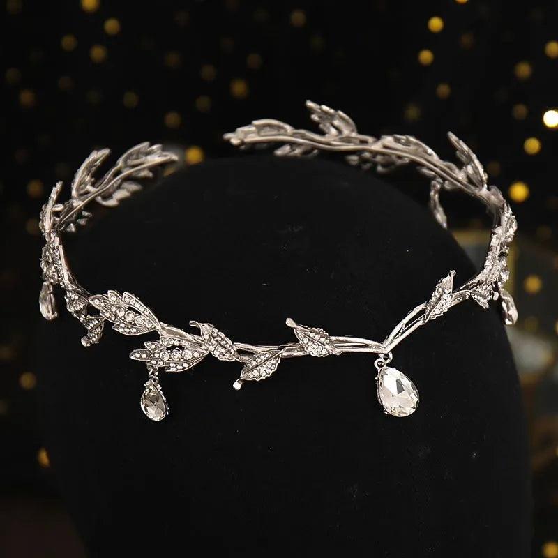 Women's Vintage Elvish Fairy Crystal Leaf Tiara with Gemstone Accents - Lovez Aqua© - Silver Color