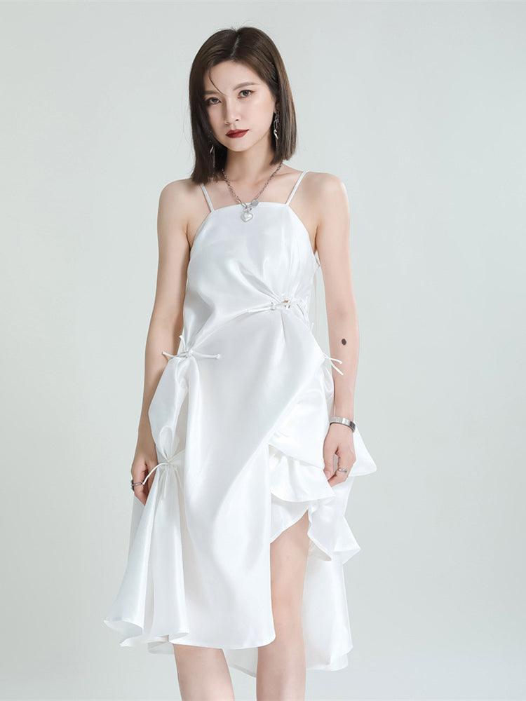 Women's White Pillowy Knee-Length Spaghetti Strap Dress - Lovez Aqua© -