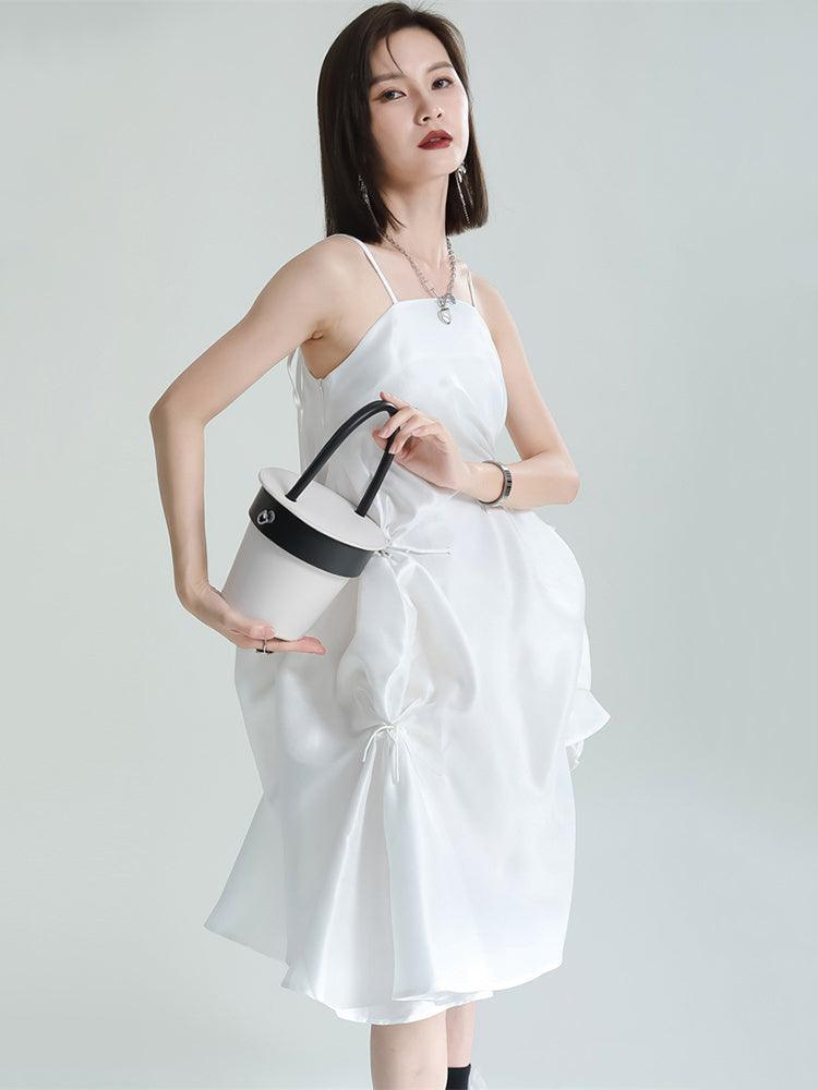 Women's White Pillowy Knee-Length Spaghetti Strap Dress - Lovez Aqua© -