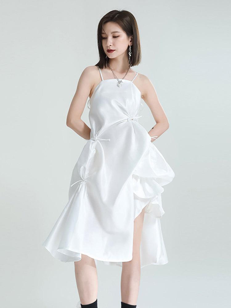 Women's White Pillowy Knee-Length Spaghetti Strap Dress - Lovez Aqua© -