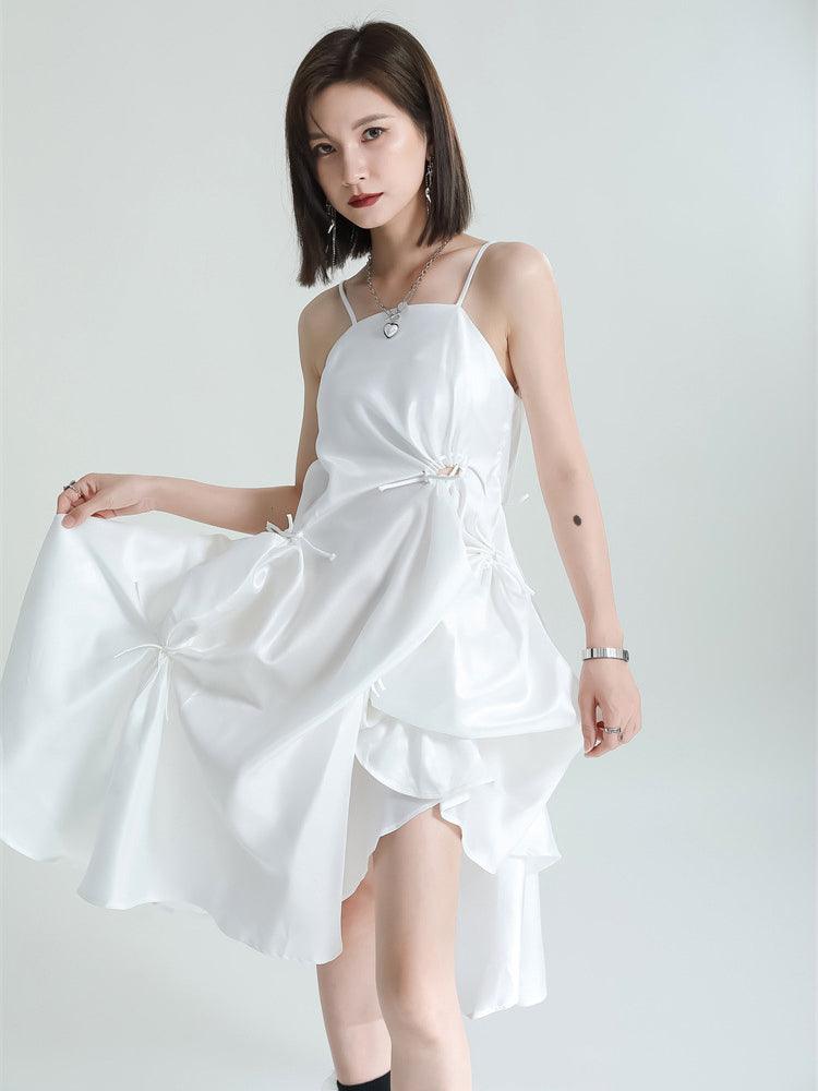 Women's White Pillowy Knee-Length Spaghetti Strap Dress - Lovez Aqua© -