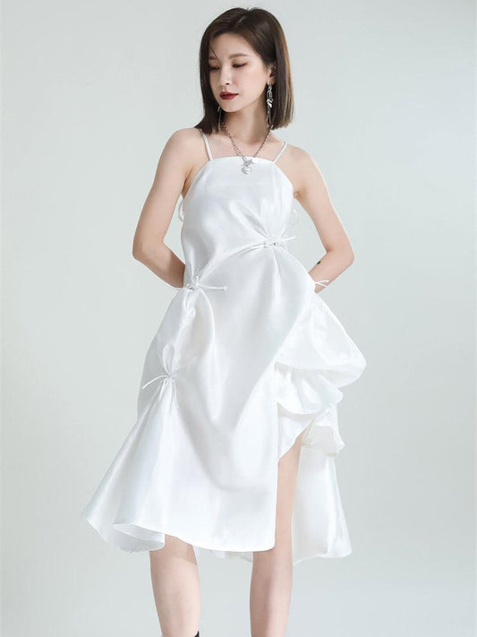 Women's White Pillowy Knee-Length Spaghetti Strap Dress - Lovez Aqua© -