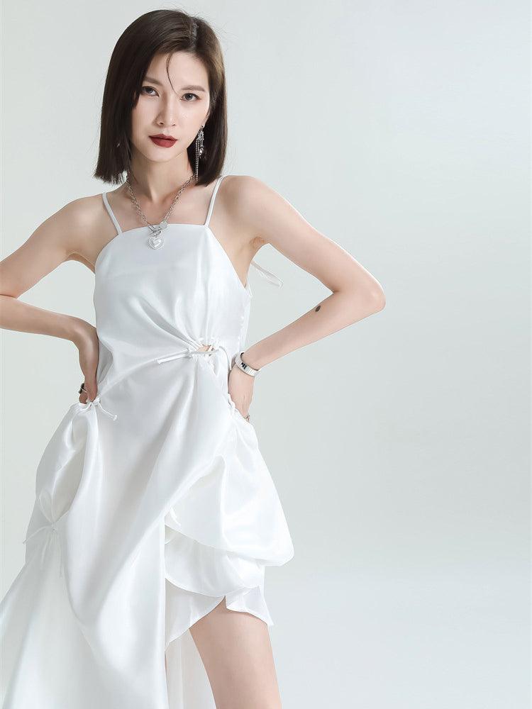 Women's White Pillowy Knee-Length Spaghetti Strap Dress - Lovez Aqua© -