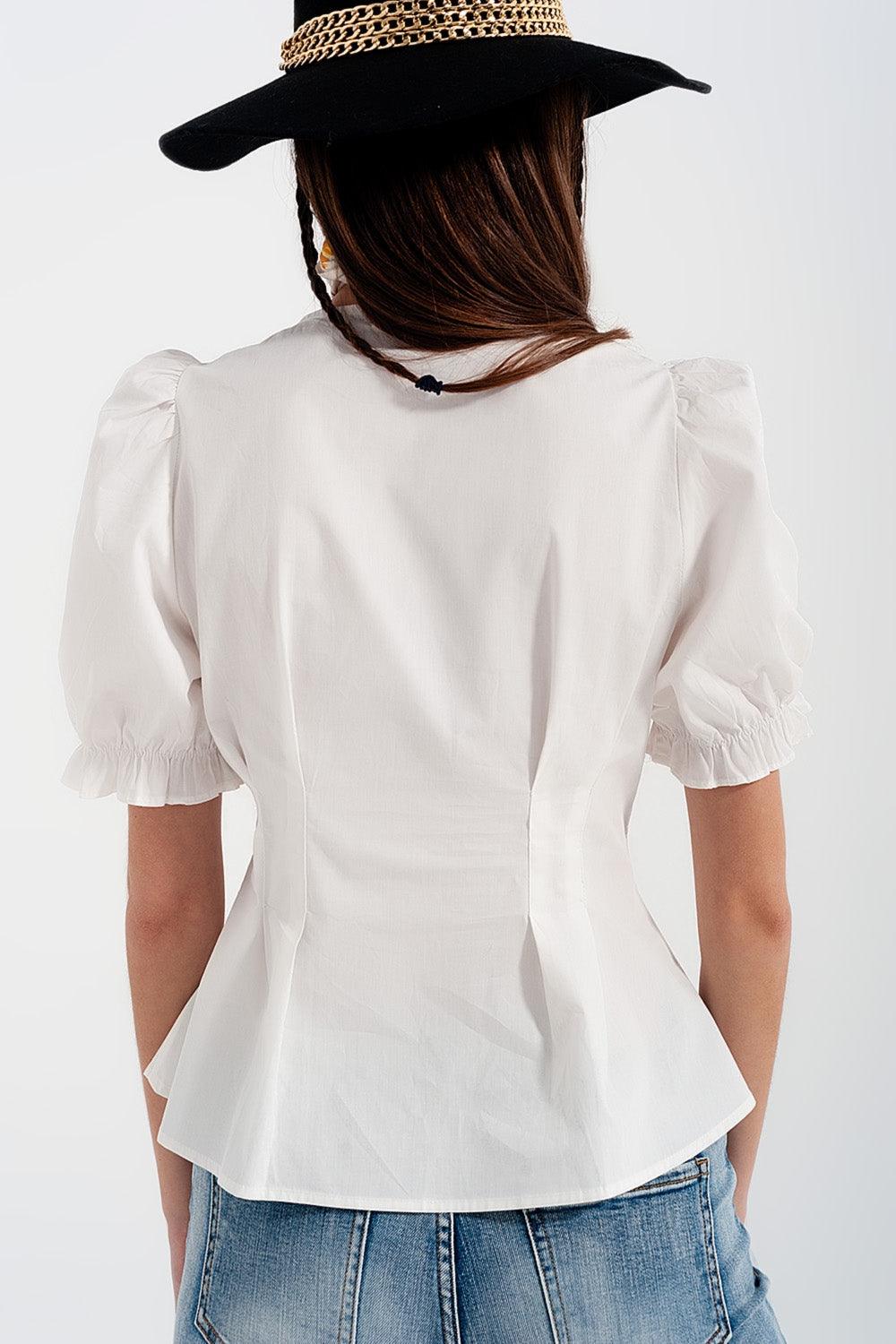 Women's White Ruffled Short Sleeve Cotton Blouse With Vintage Button Detailing - Lovez Aqua© -
