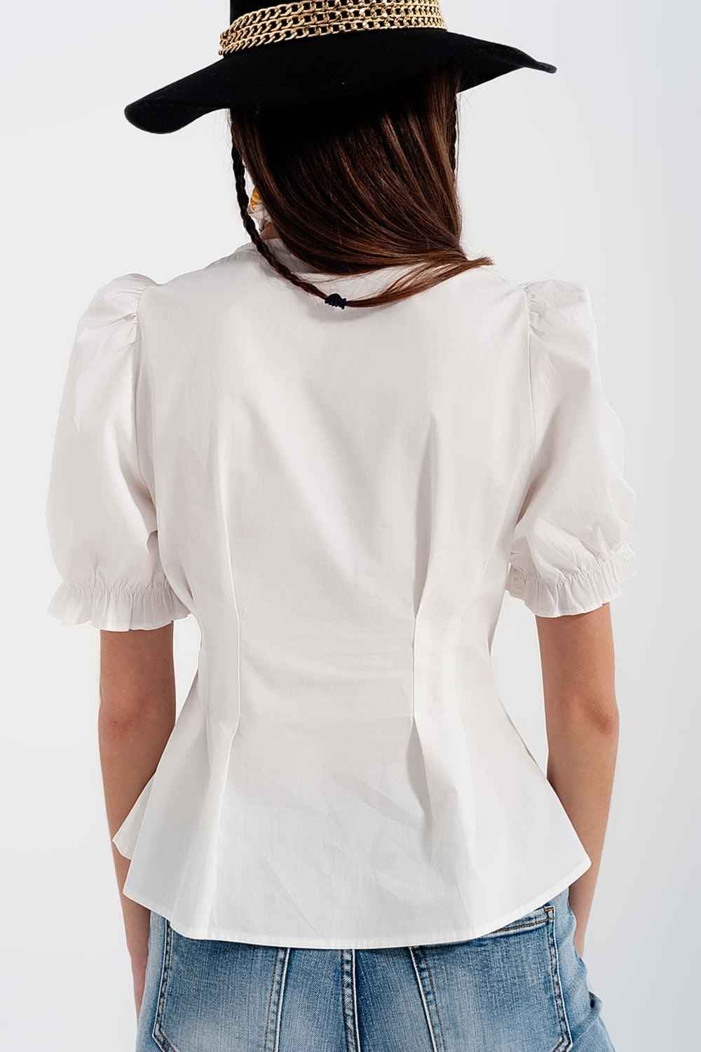 Women's White Ruffled Short Sleeve Cotton Blouse With Vintage Button Detailing