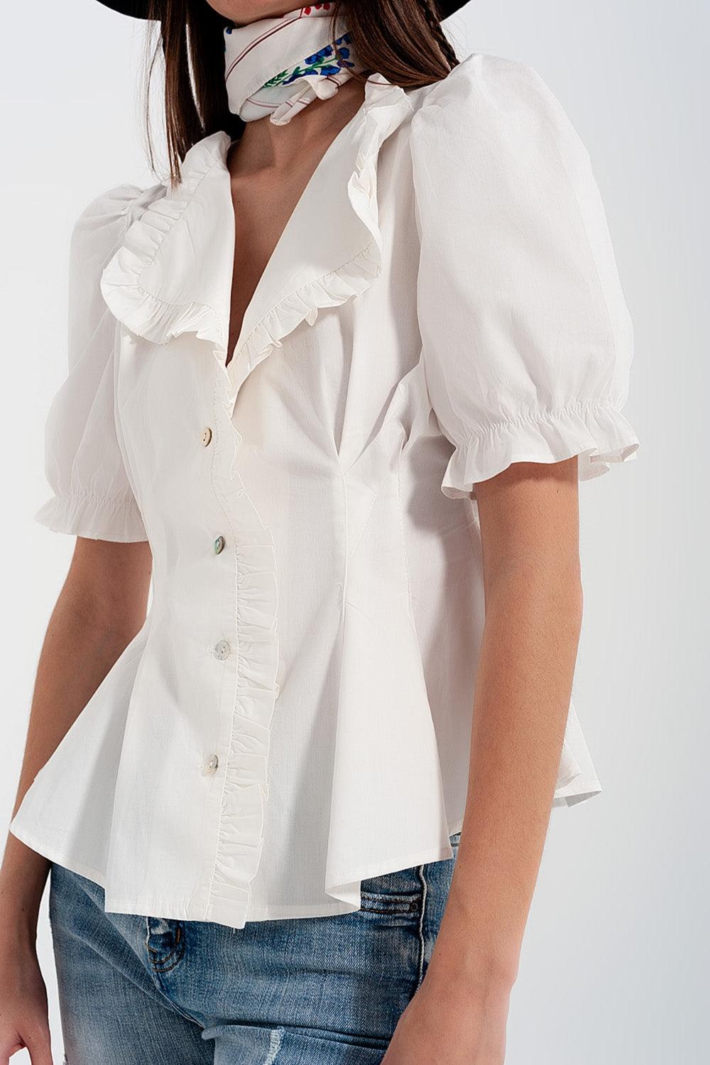 Women's White Ruffled Short Sleeve Cotton Blouse With Vintage Button Detailing - Lovez Aqua© -