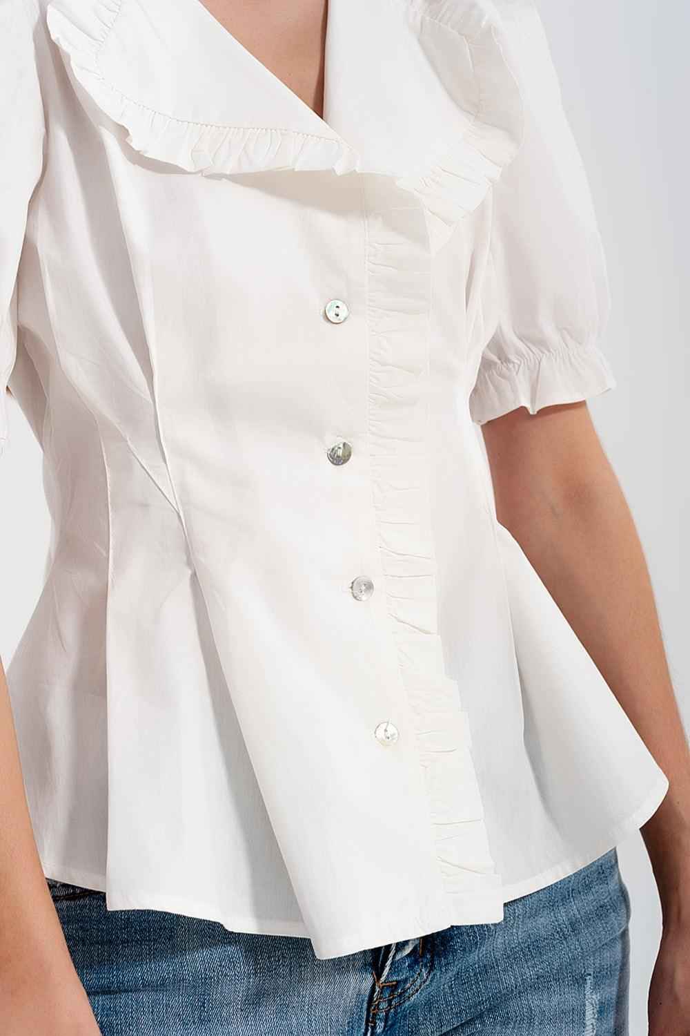 Women's White Ruffled Short Sleeve Cotton Blouse With Vintage Button Detailing