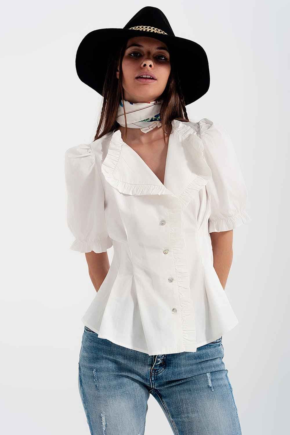 Women's White Ruffled Short Sleeve Cotton Blouse With Vintage Button Detailing