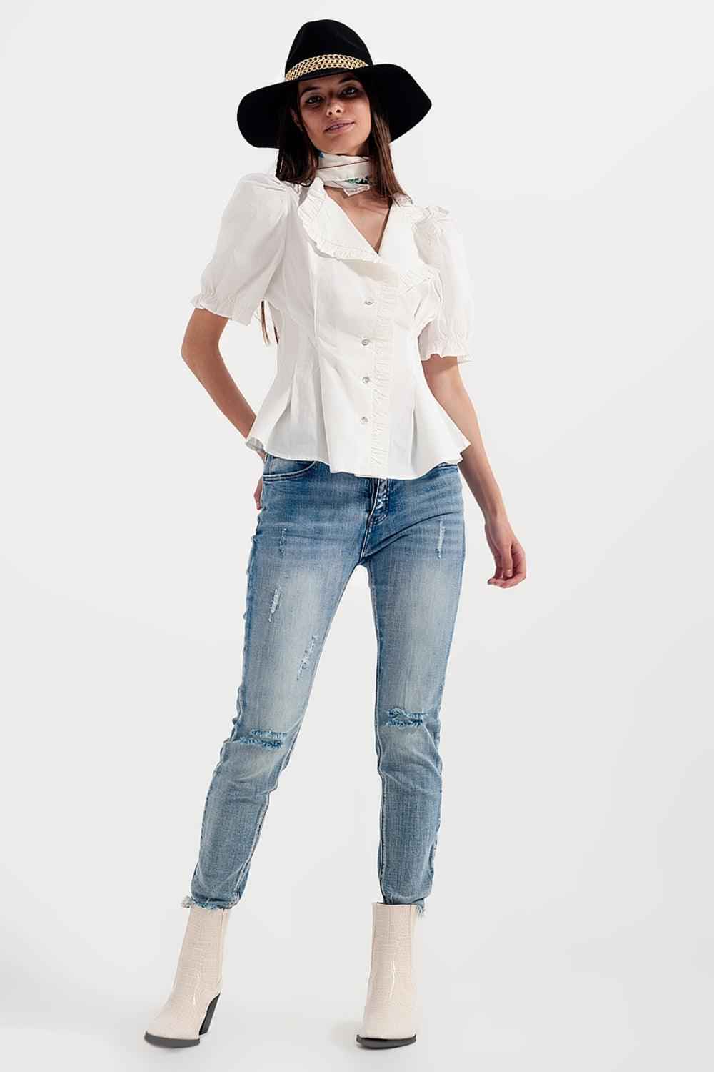 Women's White Ruffled Short Sleeve Cotton Blouse With Vintage Button Detailing