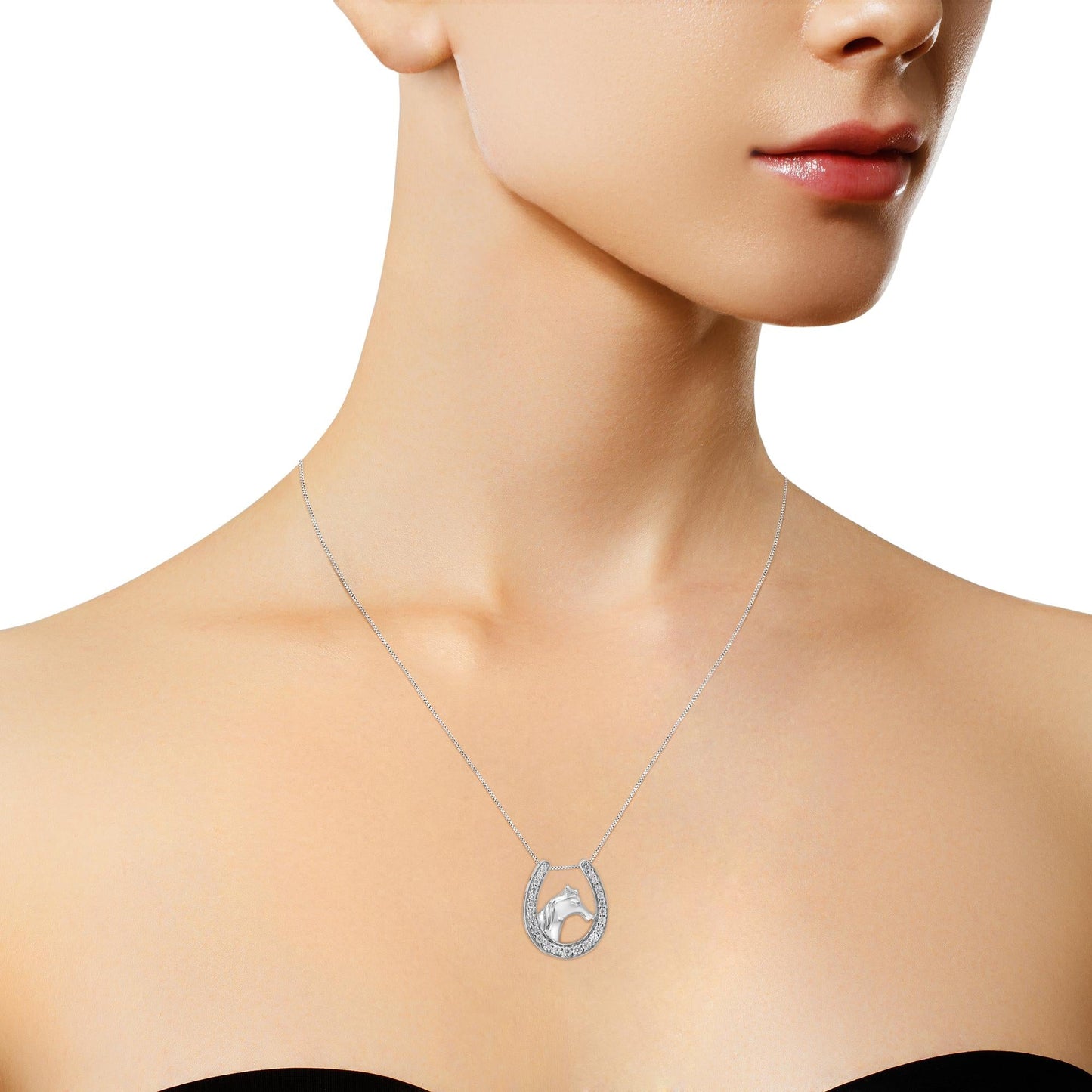 Women's Sterling Silver Equestrian Horse & Diamond Horse Shoe Pendant Necklace - Lovez Aqua© -