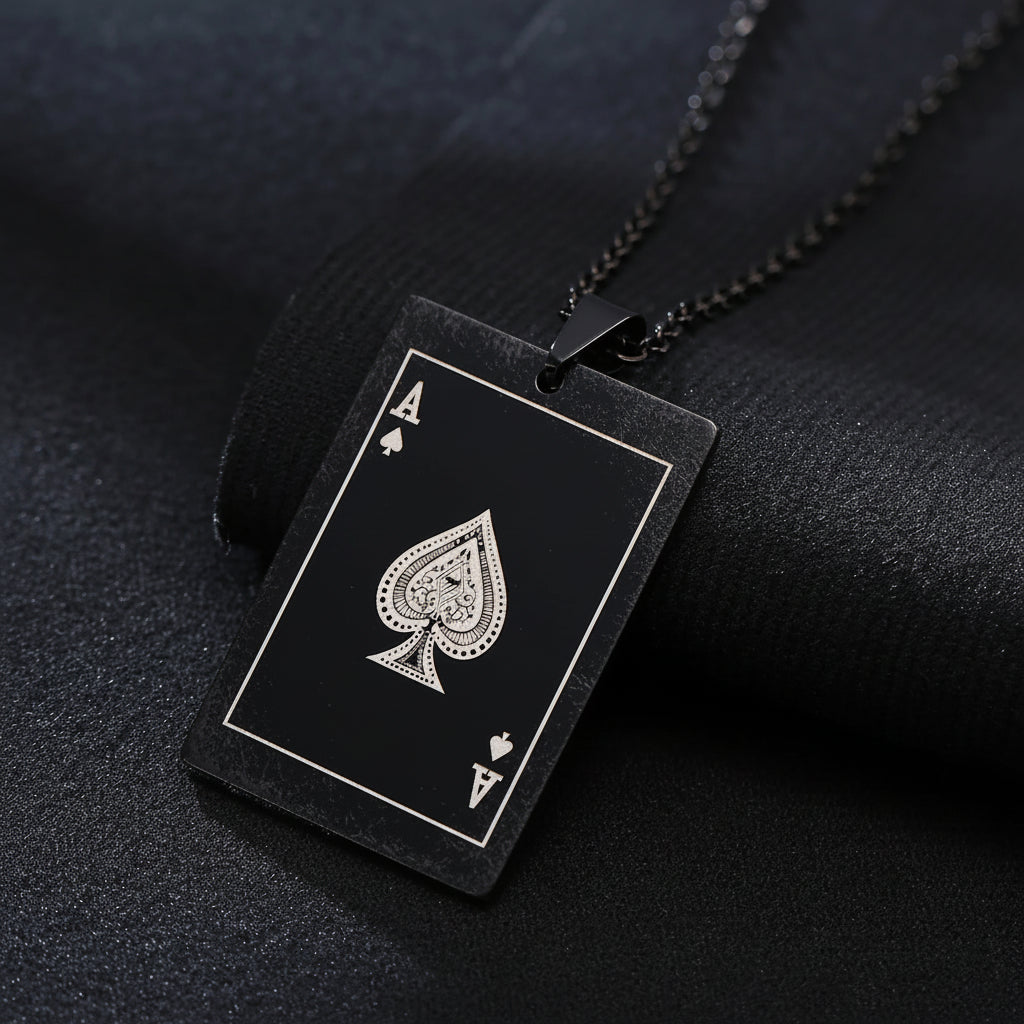 Men's Ace of Spades Poker Card Stainless Steel Dog Tag Necklace - Lovez Aqua© - Black / 60cm 24inch