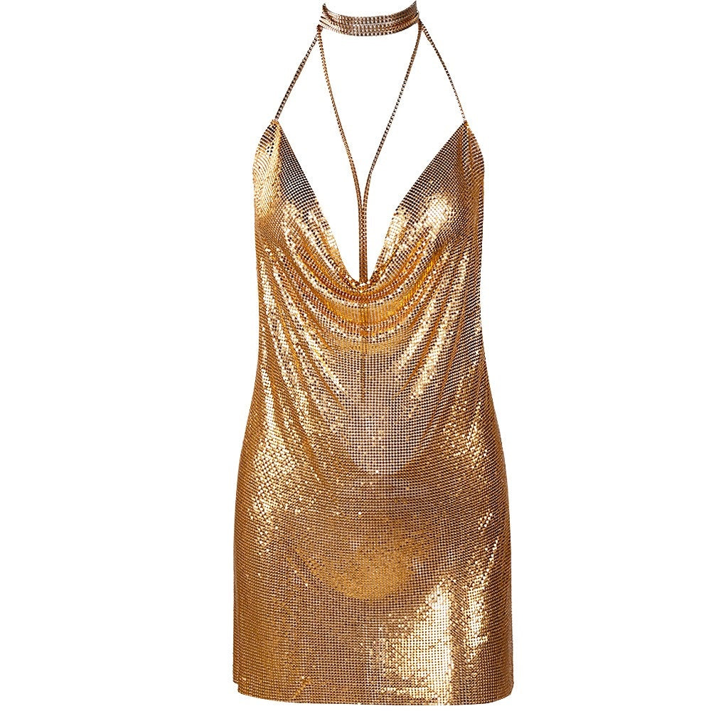 Women's Metallic Chainmail Mini Party Dress - Lovez Aqua© - Gold / XS