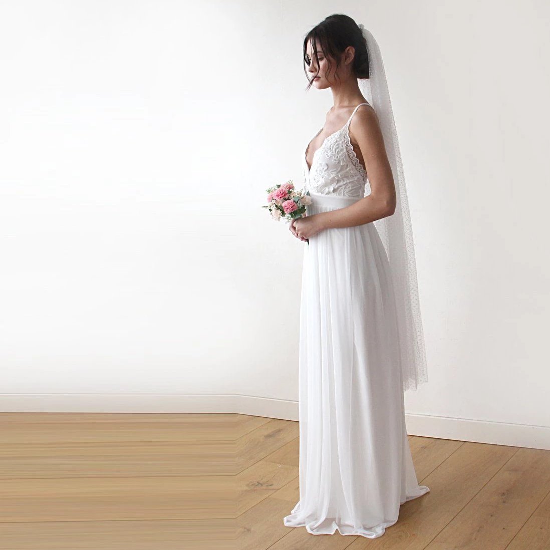 White Floral Lace Spaghetti Straps Maxi Wedding Dress with Scalloped V-Neckline - Lovez Aqua© -