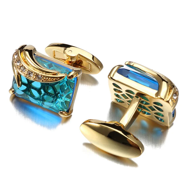 Men's Luxurious Gold Crystal Glass Rectangle Cufflinks with Rhinestone Accents - Lovez Aqua© - Pure Gold