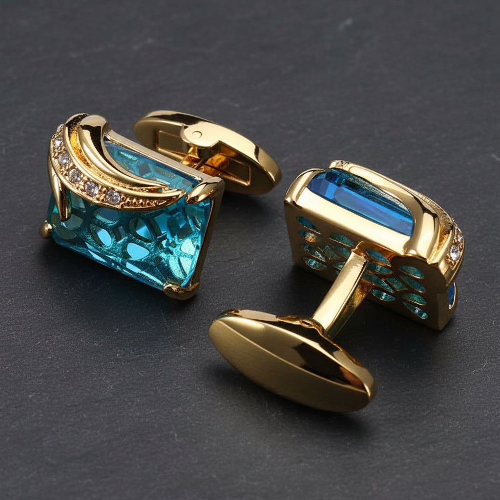 Men's Luxurious Gold Crystal Glass Rectangle Cufflinks with Rhinestone Accents - Lovez Aqua© - Pure Gold