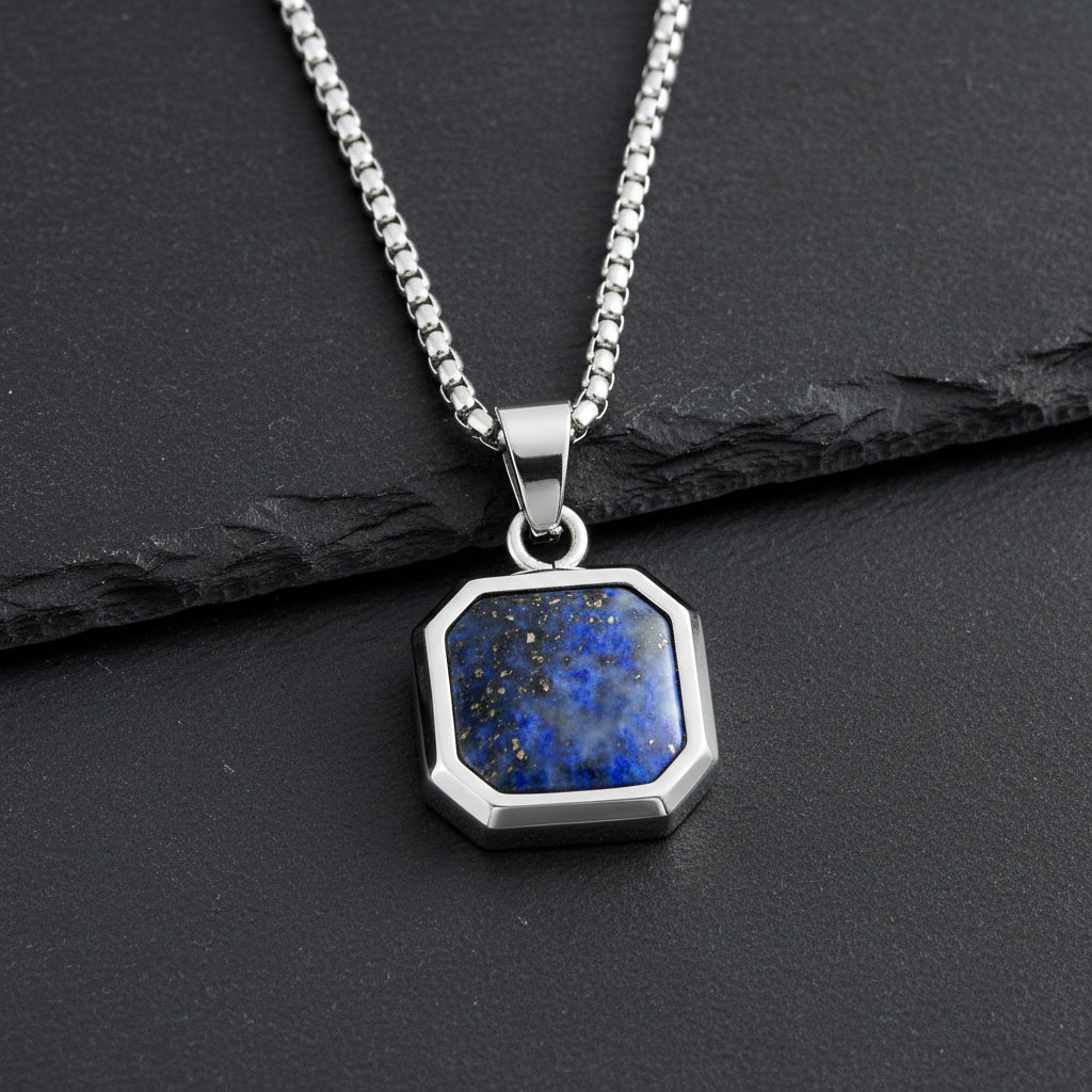 Men's Geometric Lapis Lazuli/Black Enamel Stone Square Pendant Necklace - Lovez Aqua© -