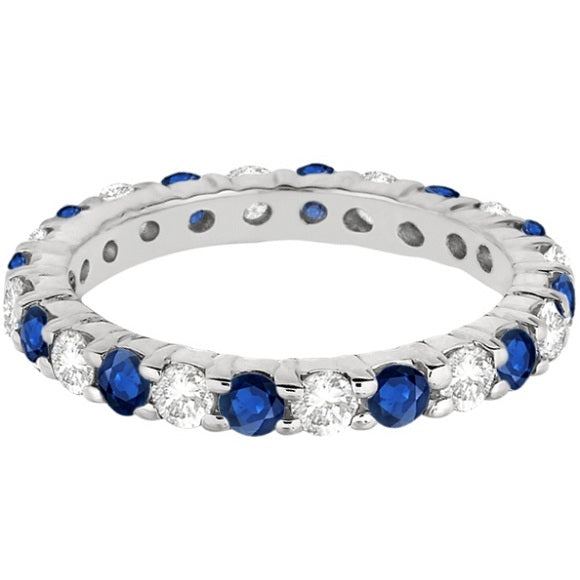 Women's 14K White Gold Eternity Diamond & Blue Sapphire Ring Band (2.35ct) - Lovez Aqua© -