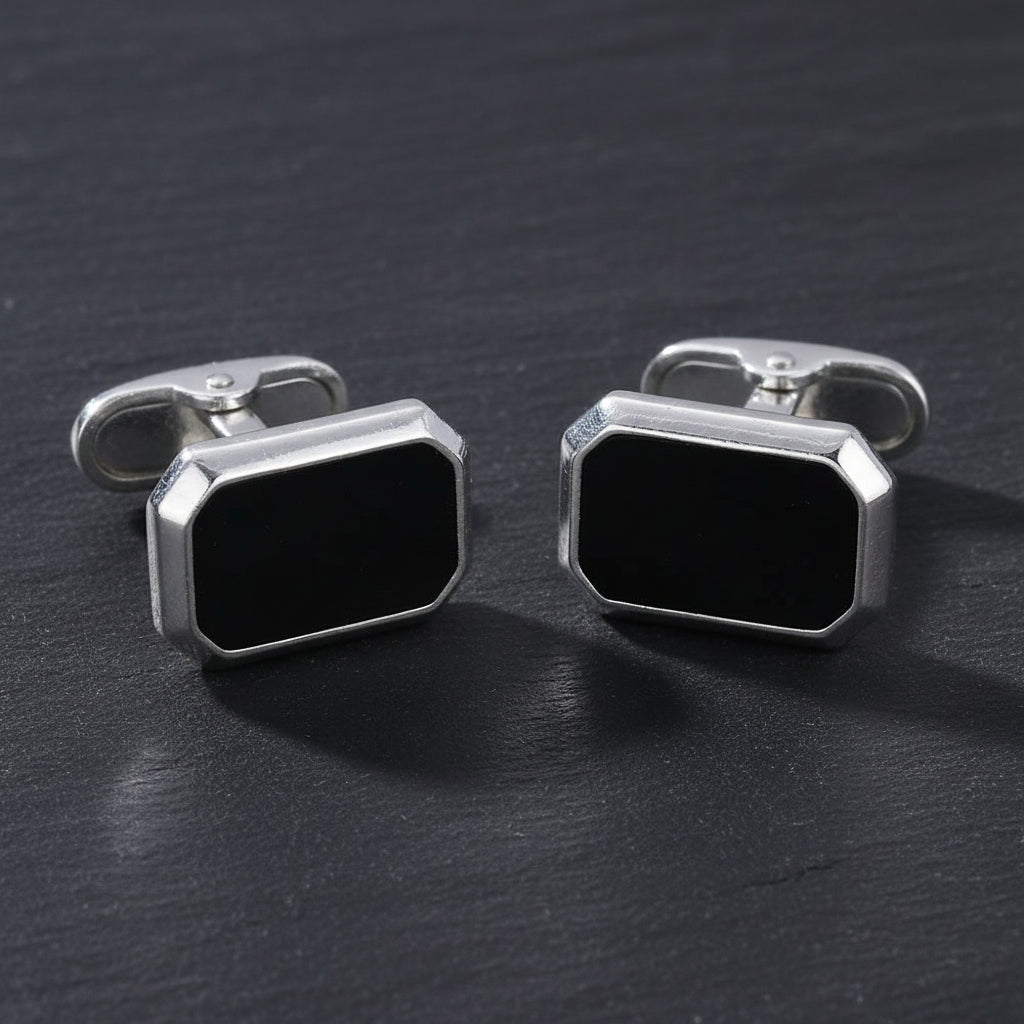Men's French Style Angular Rectangle Formal Black & Silver Cufflinks - Lovez Aqua© -
