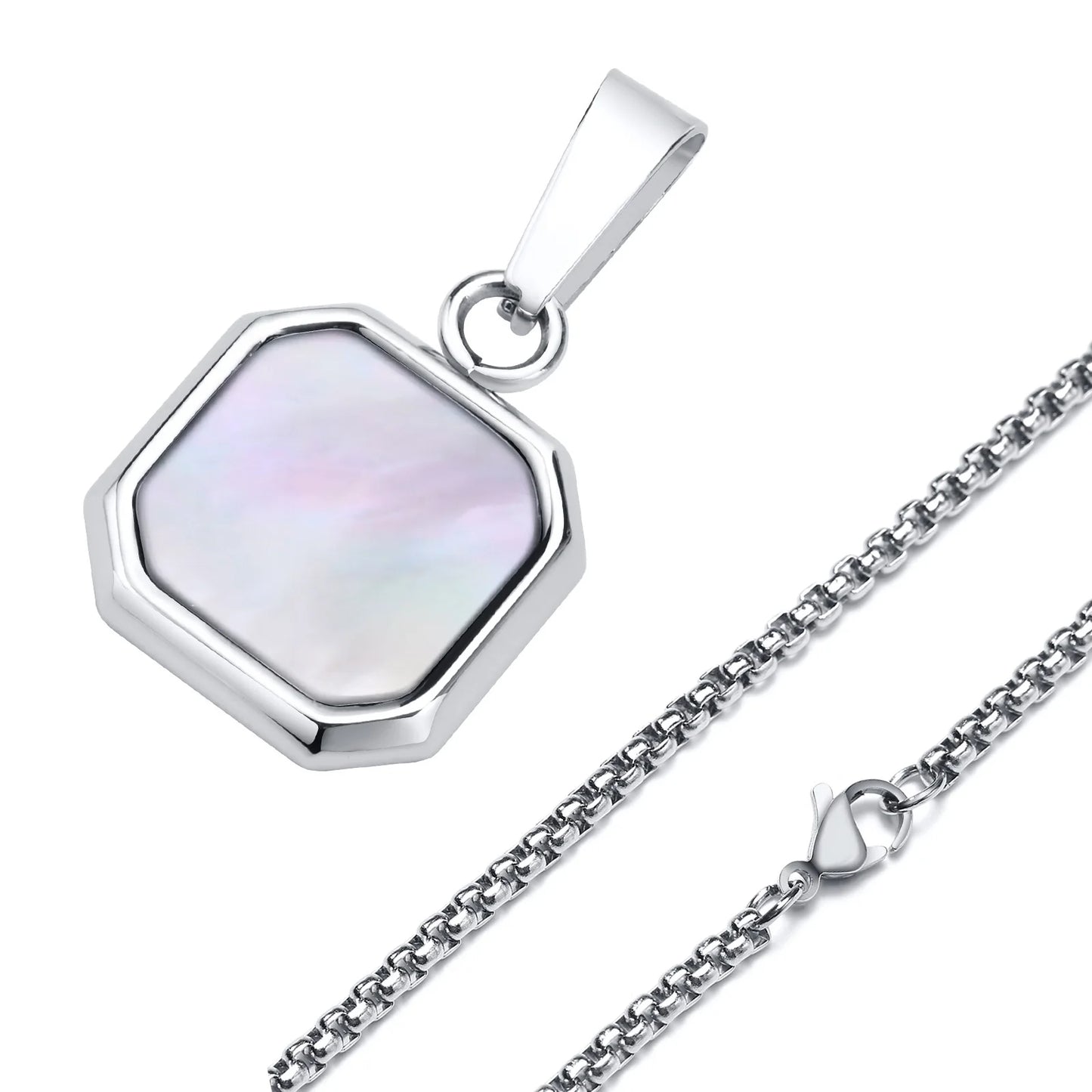 Men's Geometric Square Shell Pendant Necklace With Link Chain - Lovez Aqua© - White Shell / 70cm