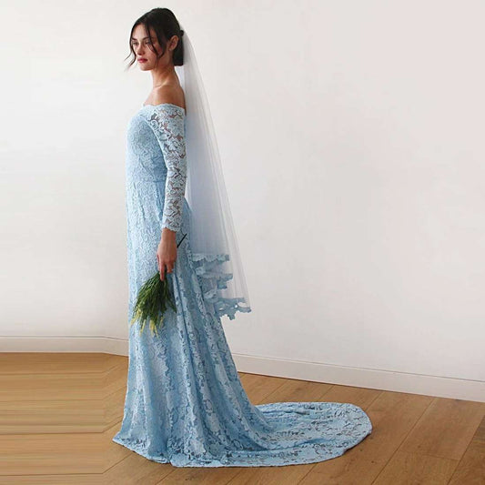 Light Blue Off-The-Shoulder A-Line Lace Wedding Dress with Train & Long Sleeves - Lovez Aqua© -