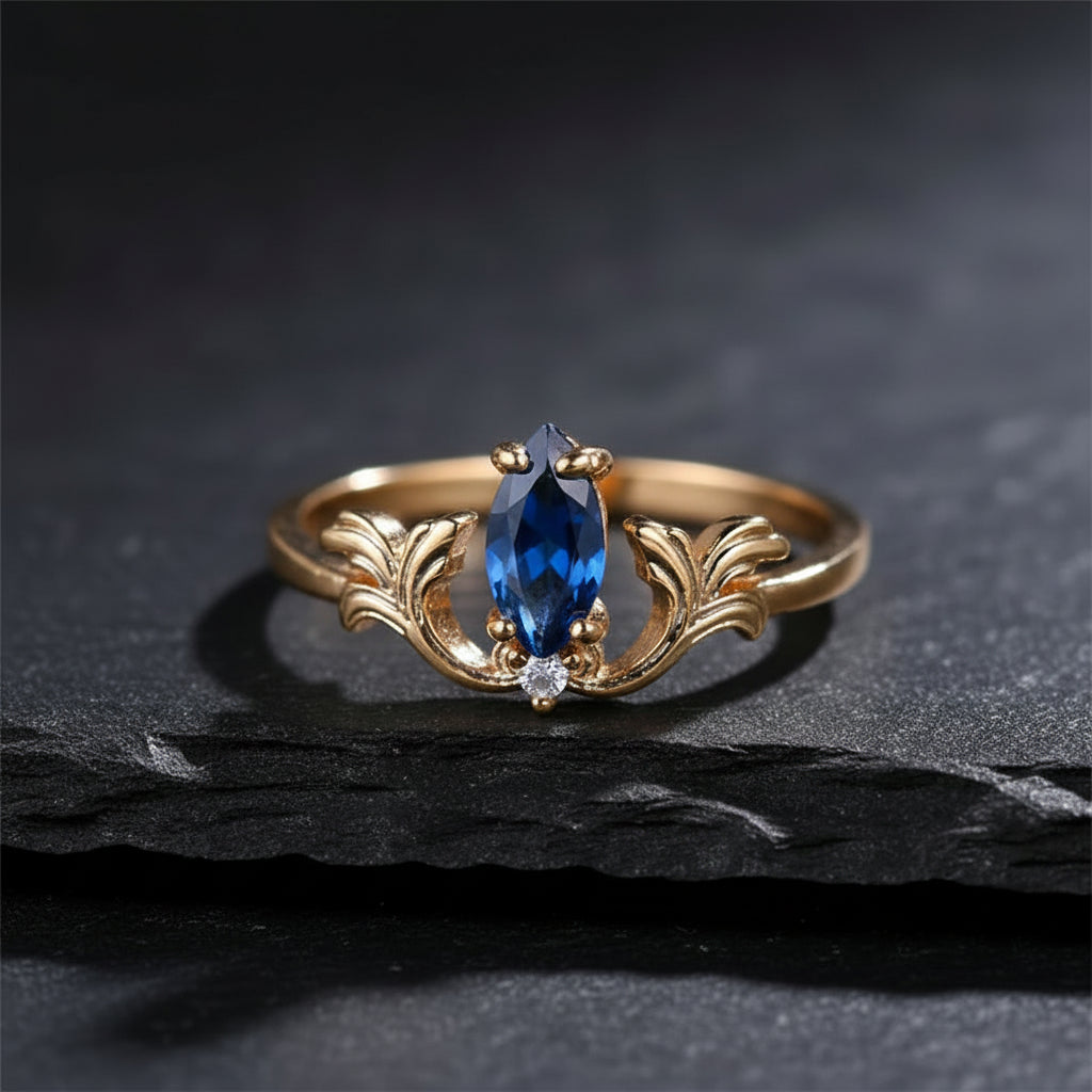 Women's Sapphire Blue Marquise Silver Ring with White Round Zircon Stones - Lovez Aqua© -