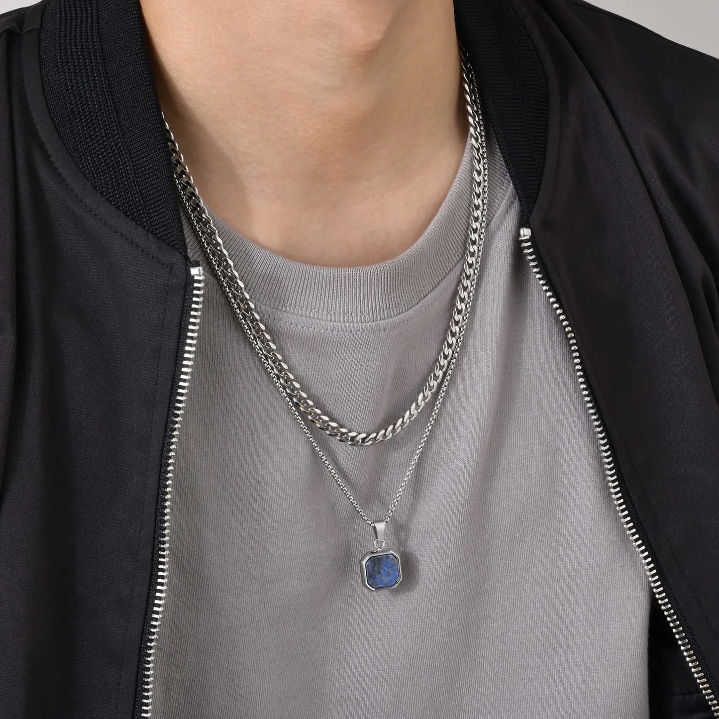 Men's Geometric Lapis Lazuli/Black Enamel Stone Square Pendant Necklace - Lovez Aqua© -