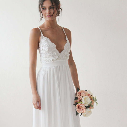 White Floral Lace Spaghetti Straps Maxi Wedding Dress with Scalloped V-Neckline - Lovez Aqua© -